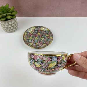Vintage Hong Kong Floral Colorful Gold Red Yellow Tea Cup Saucer Set Decorative